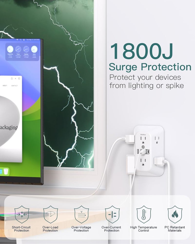 Addtam Surge Protector Outlet Extender, 6-Outlet Splitter with 4 USB Wall Charger(2 USB-C Ports), Multi Plug Wall Outlet 1800J Power Strip for Home Office Dorm Room Essentials - Image 4